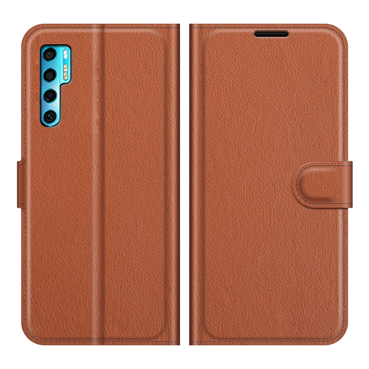 Brown litchi-texture horizontal flip phone wallet case with card slots and holder