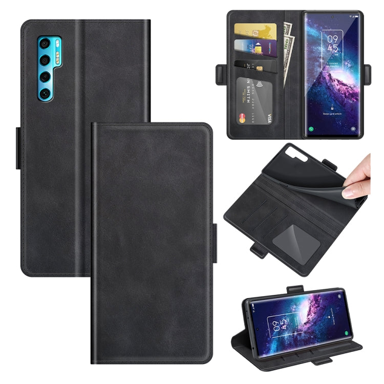 Black leather flip phone case with magnetic clasp, card slots, and wallet holder