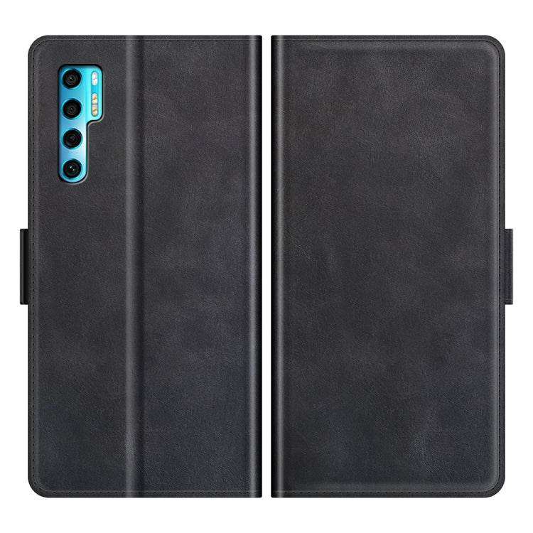 Black leather horizontal flip phone case with side magnetic closure and smooth finish