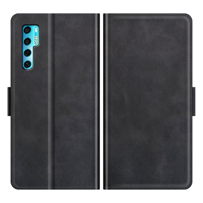 Black leather horizontal flip phone case with side magnetic closure and smooth finish
