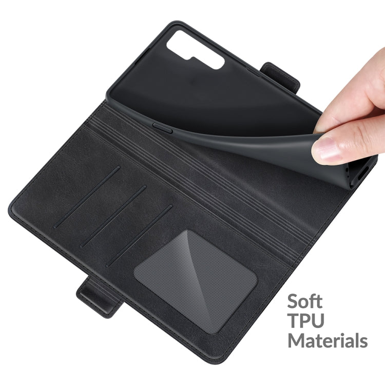 Black leather flip phone case with inner card slots and soft TPU back panel