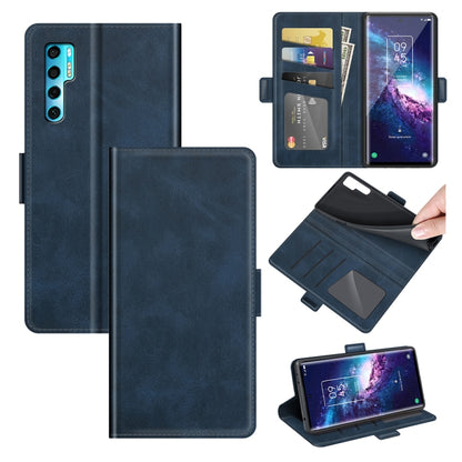 Blue leather flip phone case with card slots, wallet holder, and stand