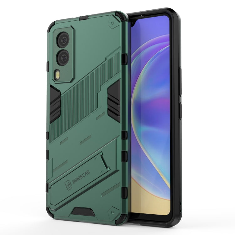 Teal rugged phone case with raised armor edges and cutouts, with screen display