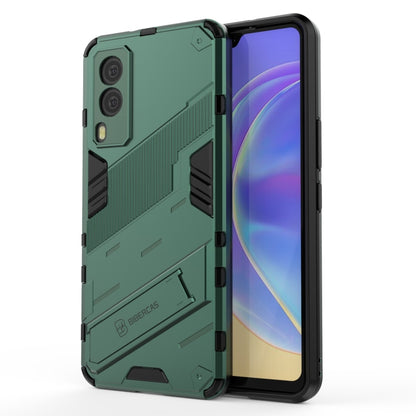 Teal rugged phone case with raised armor edges and cutouts, with screen display