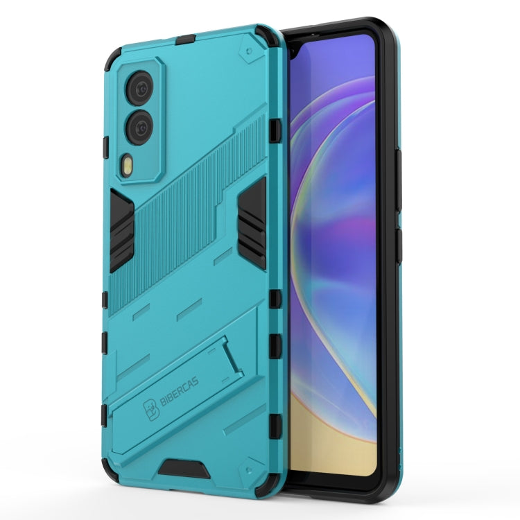 Aqua teal rugged phone case with raised armor edges and vent-style side cutouts