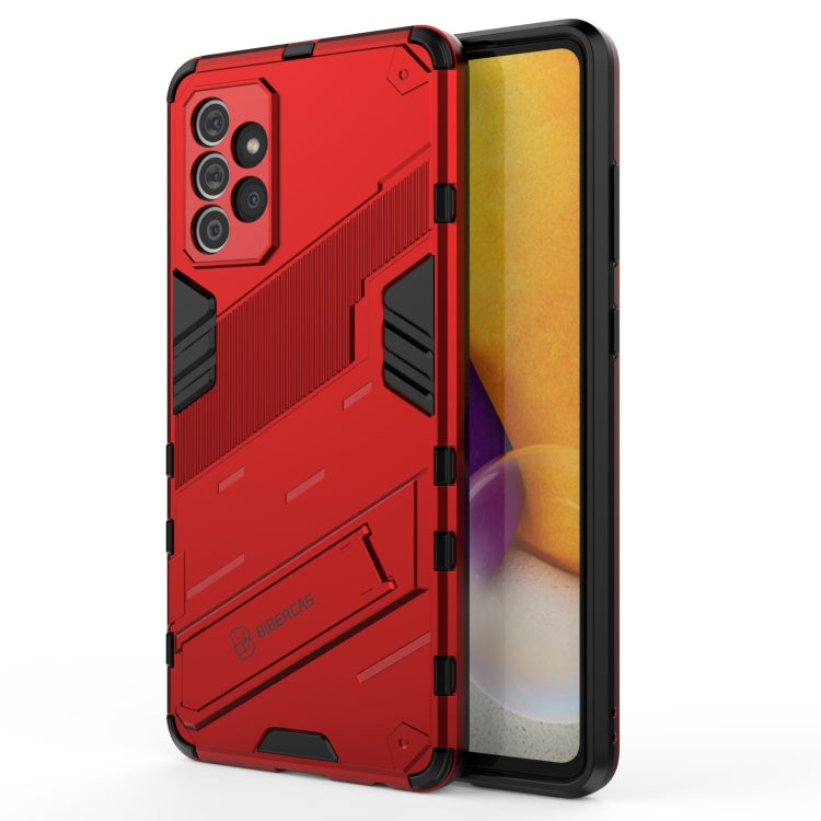 Red rugged phone case with diagonal armor pattern and raised camera protection