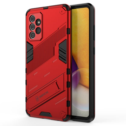 Red rugged phone case with diagonal armor pattern and raised camera protection
