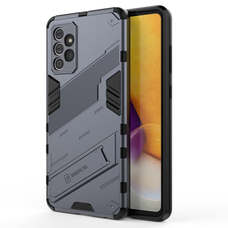 Grey rugged phone case with diagonal armor texture and protective camera cutouts