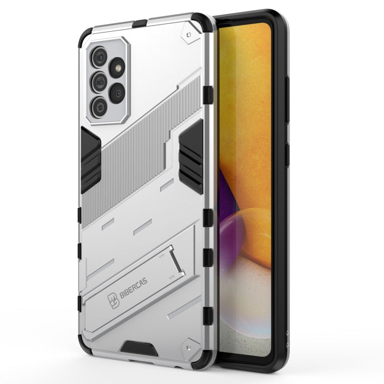 White rugged phone case with raised armor frame and side grip bars, with screen visible