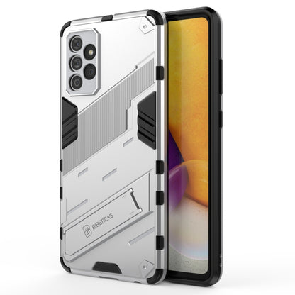 White rugged phone case with raised armor frame and side grip bars, with screen visible