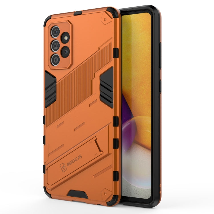 Orange rugged phone case with textured armor panel and side grip bars, screen visible