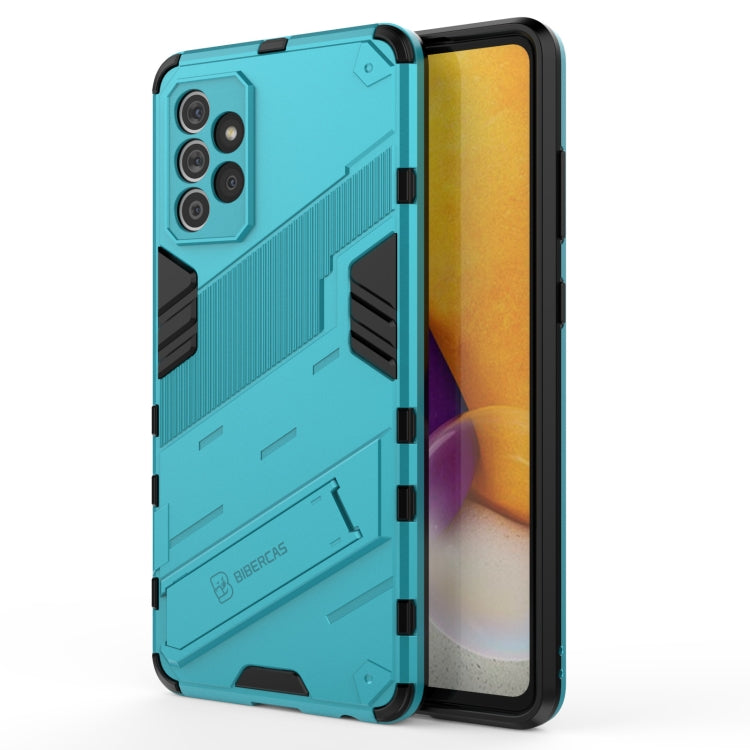 Aqua teal rugged phone case with armor design, camera openings, and protective frame