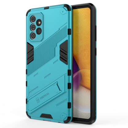 Aqua teal rugged phone case with armor design, camera openings, and protective frame