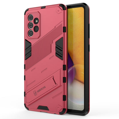 Red rugged phone case with raised armor frame and side grip bars, with screen visible