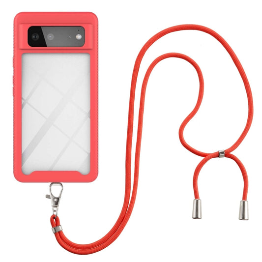 Red shockproof phone case with neck strap and snap buckle, clear screen window