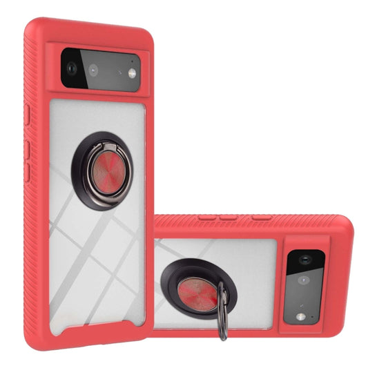 Red shockproof phone case with ring holder, dual-layer PC/TPU protection.