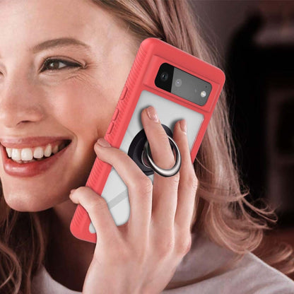 Red phone case with ring holder on a hand, protecting a smartphone.
