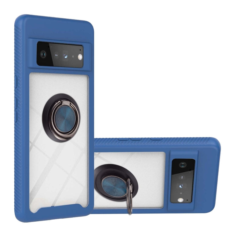 Blue shockproof phone case with ring holder and textured edge protection.