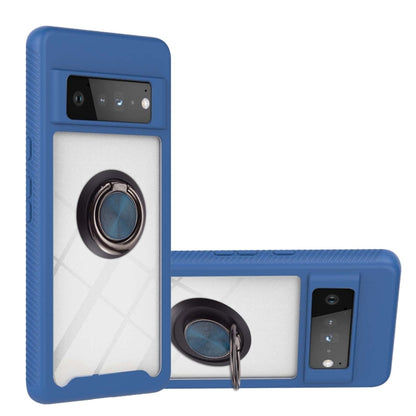 Blue shockproof phone case with ring holder and textured edge protection.