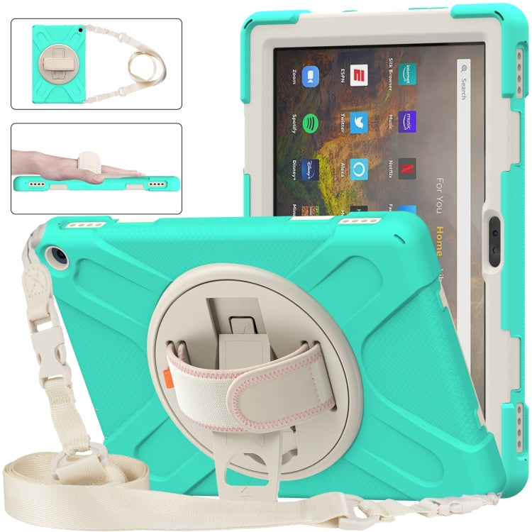 Mint green protective tablet case with circular kickstand and detachable hand strap holder