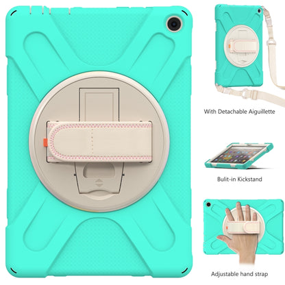 Teal protective tablet case with circular kickstand and adjustable hand strap