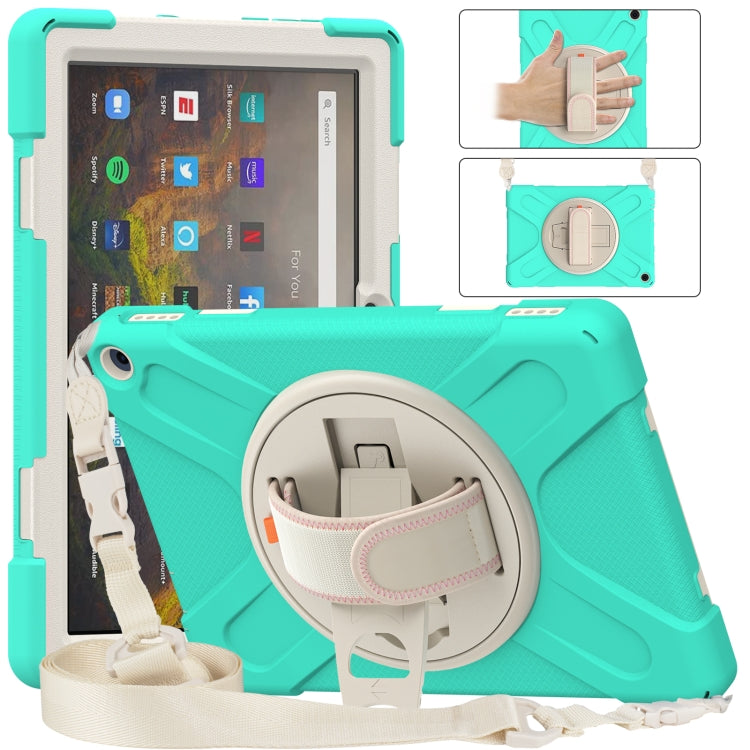 Mint blue protective tablet case with circular kickstand and front hand strap holder