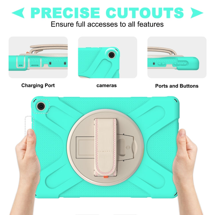 Teal protective tablet case with precise cutouts, circular kickstand, and hand strap holder