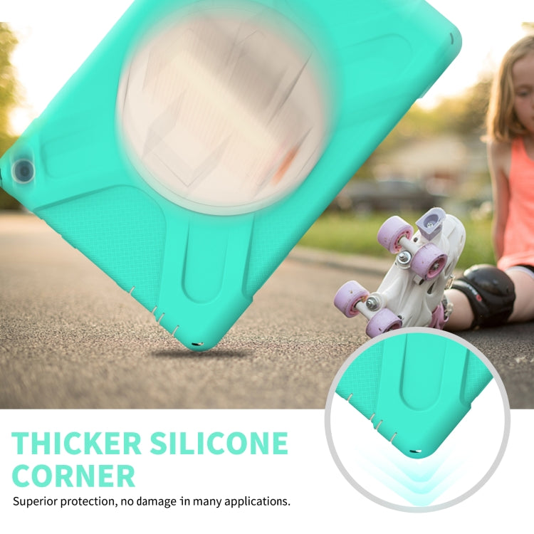 Teal protective tablet case with thick silicone corner and circular kickstand