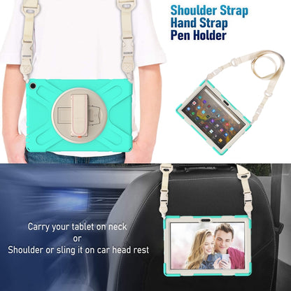 Teal protective tablet case with adjustable shoulder strap and circular kickstand holder