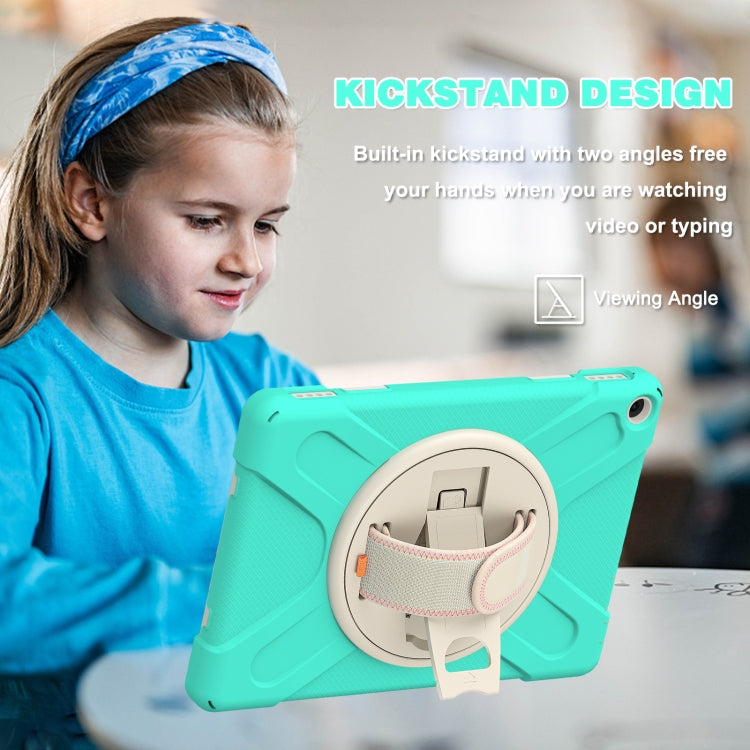 Teal protective tablet case with circular kickstand and detachable hand strap holder