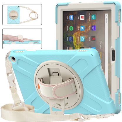 Light blue protective tablet case with circular kickstand and detachable hand strap holder