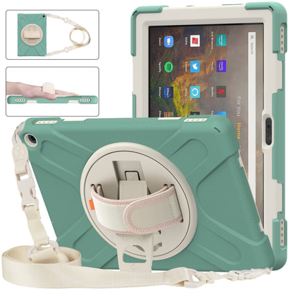 Dark green protective tablet case with circular kickstand and detachable hand strap holder