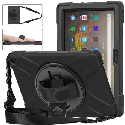Black protective tablet case with circular kickstand and detachable shoulder strap
