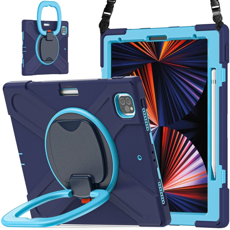 Navy protective tablet case with rotatable handle, kickstand angle and shoulder strap