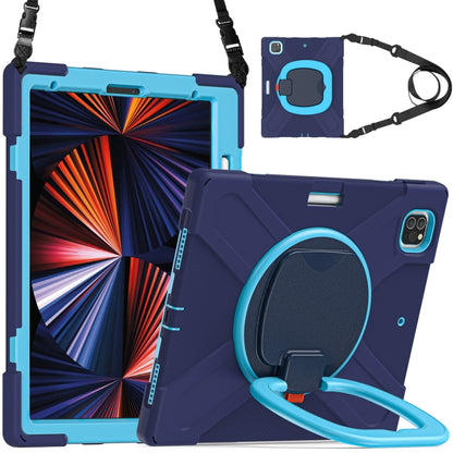 Navy protective tablet case with shoulder strap and rotatable handle, back and front view