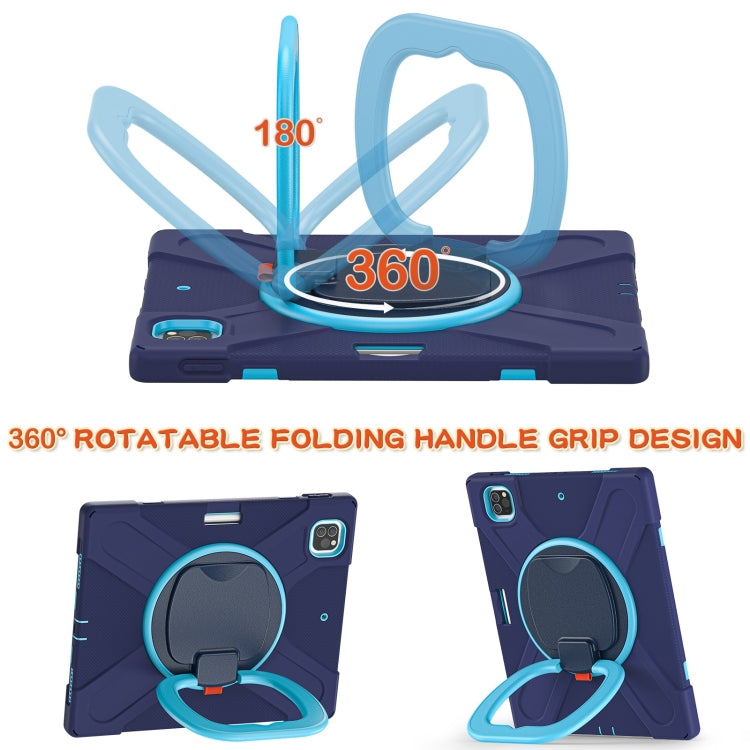Navy protective tablet case with 360° rotatable folding handle for stand and grip