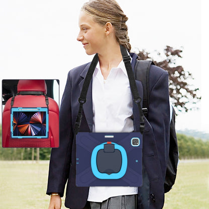 Navy protective tablet case with shoulder strap and rotatable handle, worn on body