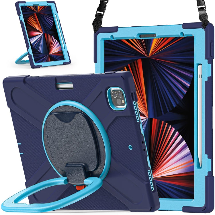 Navy protective tablet case with rotatable handle and shoulder strap, standing view