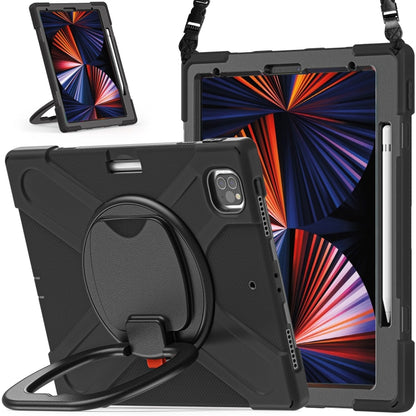 Black protective tablet case with rotatable handle and shoulder strap, standing front view