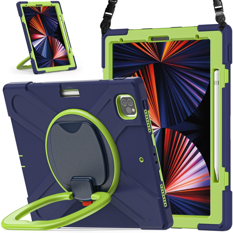 Navy protective tablet case with lime rotatable handle and shoulder strap, front view