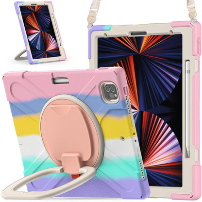 Pink protective tablet case with rotatable handle and shoulder strap, standing front view
