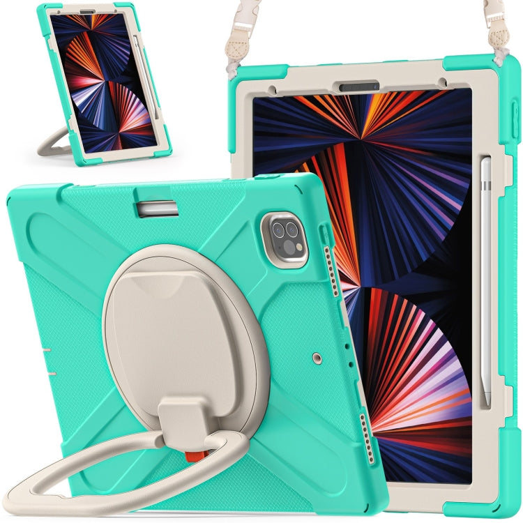 Silicone protective tablet case with kickstand holder and shoulder strap, teal green