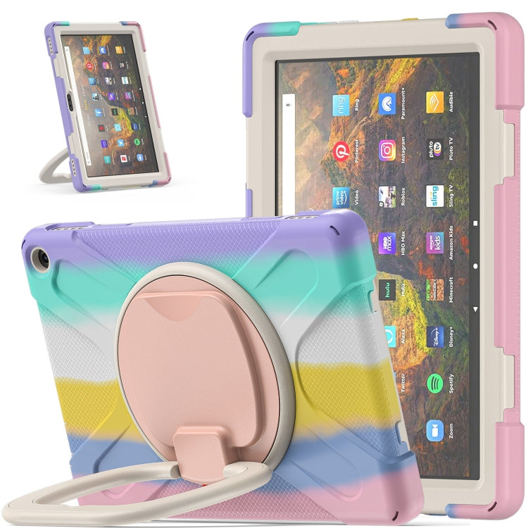 Pink and teal protective tablet case with built-in stand ring for hands-free viewing