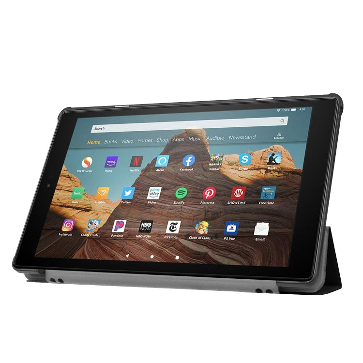 Kindle Fire HD 10 leather flip case, black front view with tablet supported