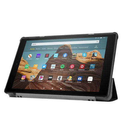 Kindle Fire HD 10 leather flip case, black front view with tablet supported
