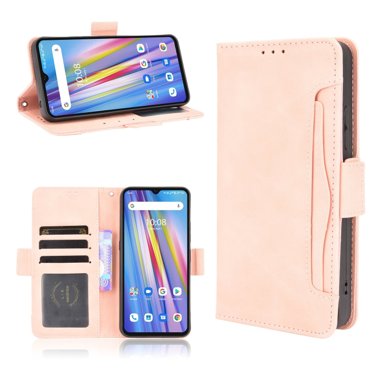 Pink leather flip phone case with card slots and photo holder, showing phone front view