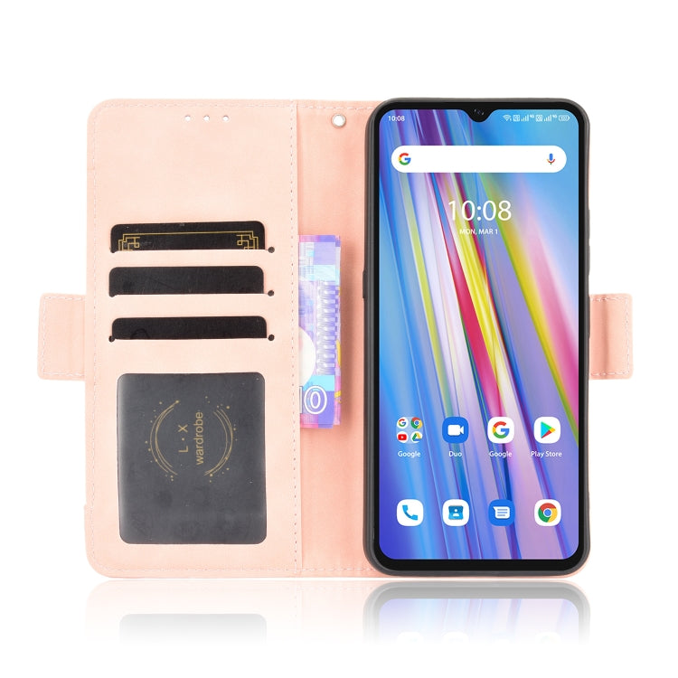 Pink leather flip phone case opened: card slots and photo holder beside phone