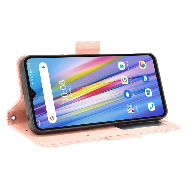 Pink leather flip phone case with stand-like fold, phone screen facing forward