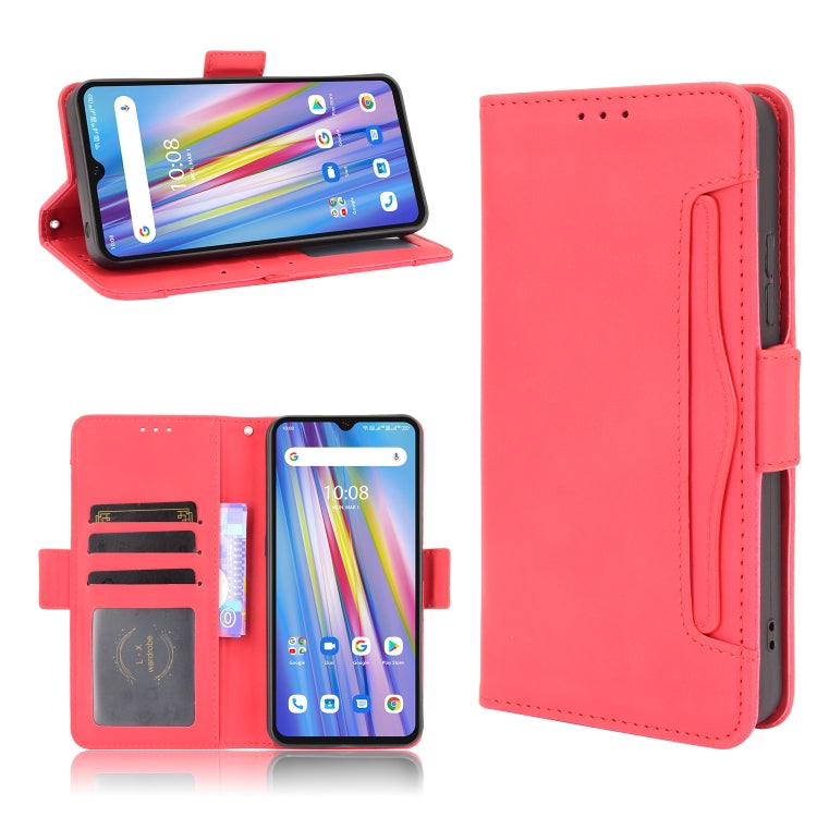 Red leather flip phone case with card slots and photo holder, phone front and back shown