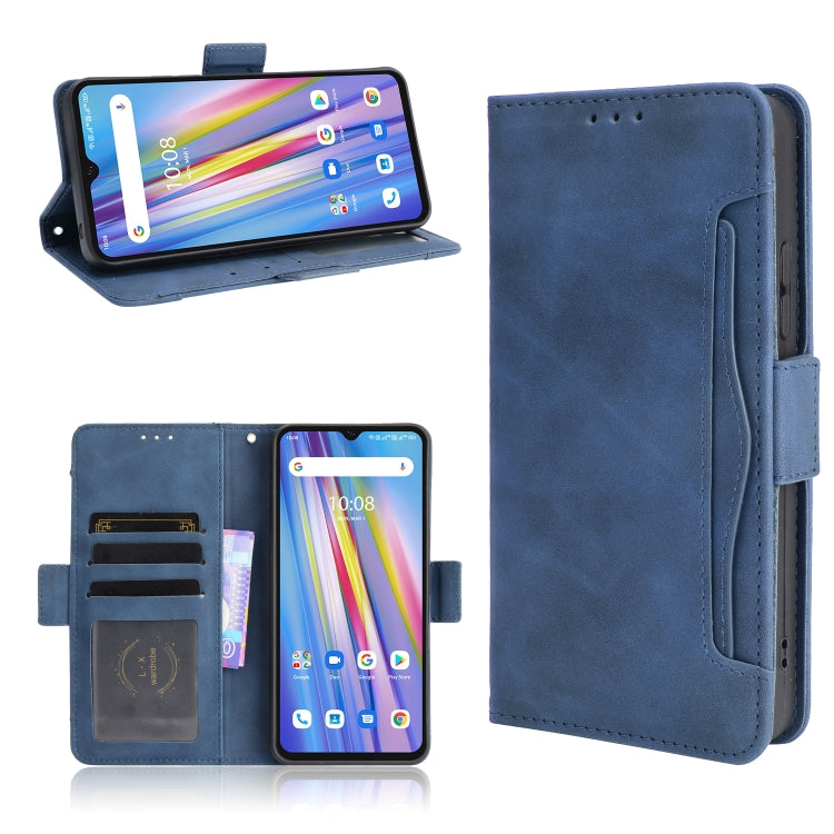 Blue leather flip phone case with card slots and photo holder, phone front and back
